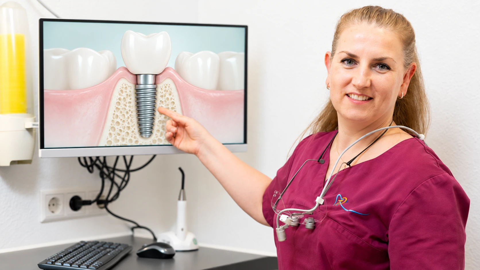 AI-edited illustration: Donka Valeva points to a schematic dental implant image